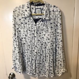 Navy and white bird print blouse